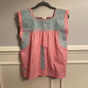 J. Marie Pink and Light Teal Gingham Embroidered Sleeveless Top Small